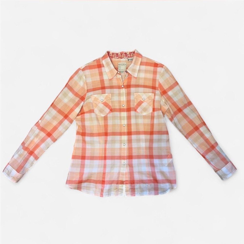 ROPER WOMENS LONG SLEEVE SNAP YELLOW AND TANGERINE PLAID WESTERN SHIRT SIZE L - Picture 1 of 7
